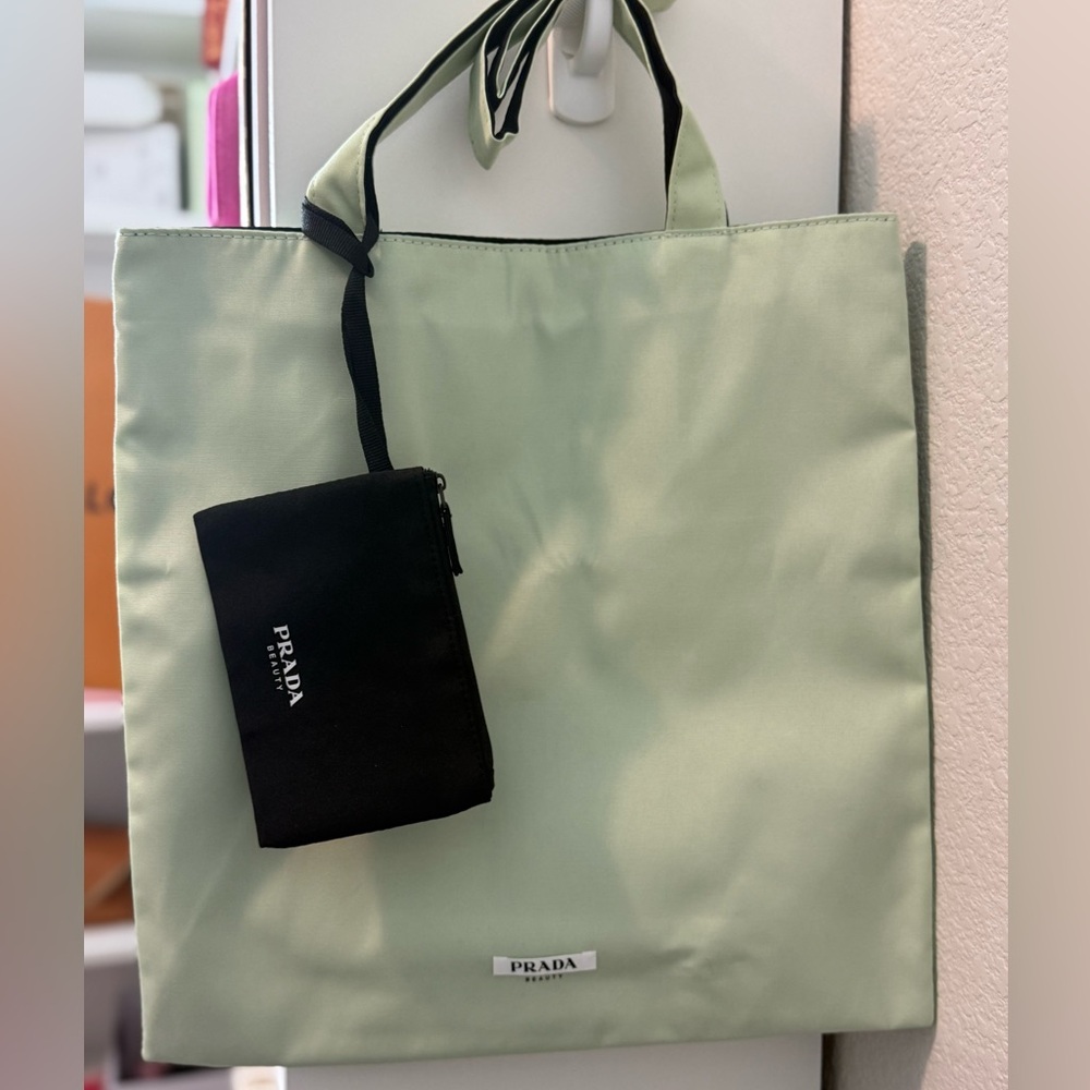 Prada Beauty Mint Green Tote with Black Pouch